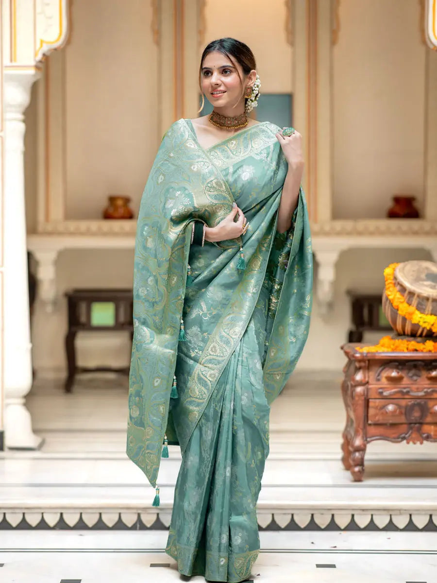 MoonPalav Elegant Aqua Blue Litchi Silk Saree Moonpalav