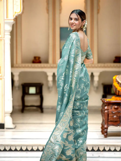 MoonPalav Elegant Aqua Blue Litchi Silk Saree Moonpalav