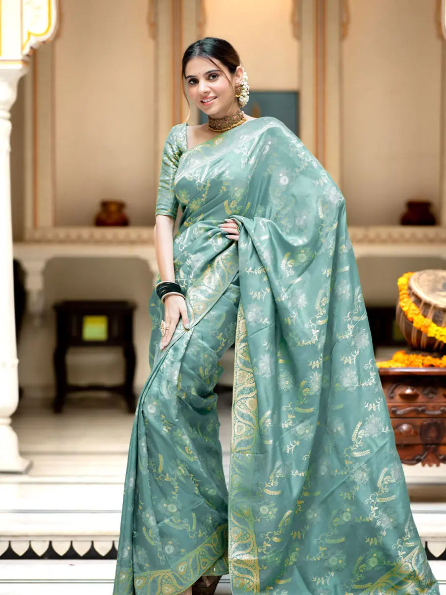 MoonPalav Elegant Aqua Blue Litchi Silk Saree Moonpalav