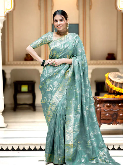 MoonPalav Elegant Aqua Blue Litchi Silk Saree Moonpalav