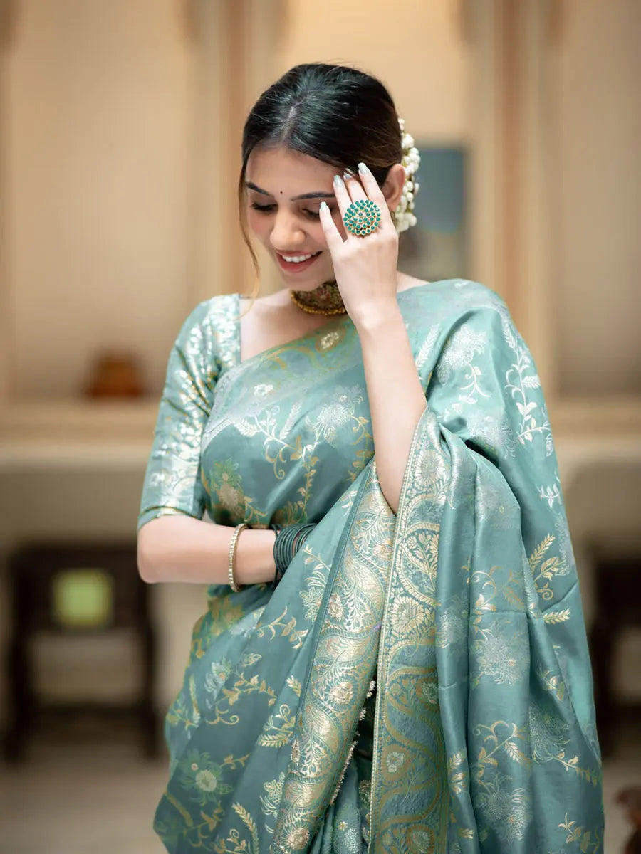 MoonPalav Elegant Aqua Blue Litchi Silk Saree Moonpalav