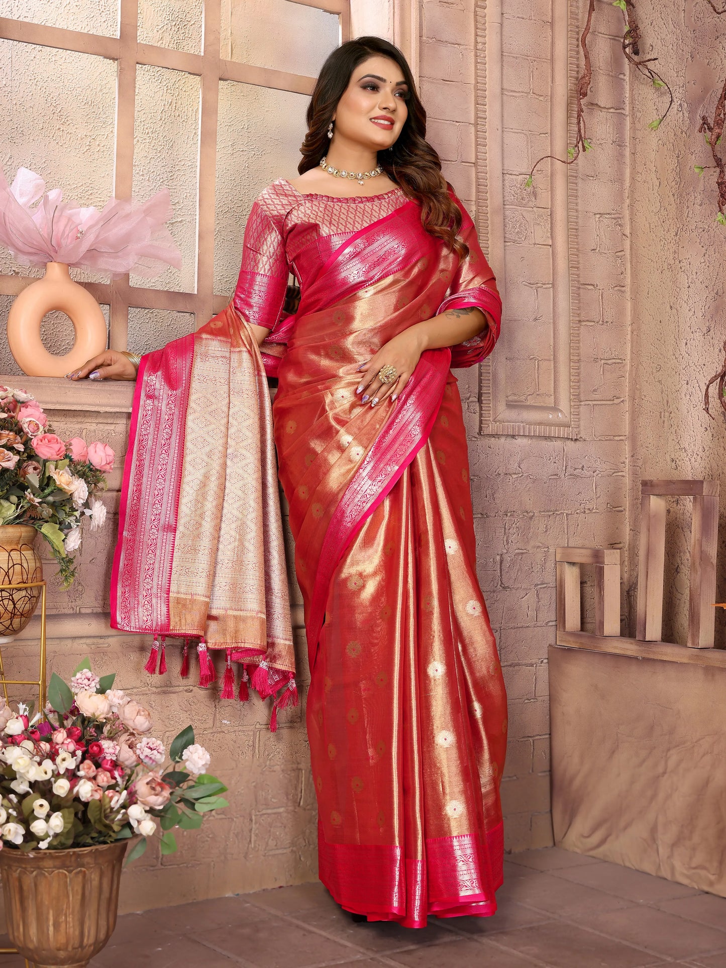 MoonPalav Rani Tissue Silk Saree With Zari Brocade And Zari Border Moonpalav