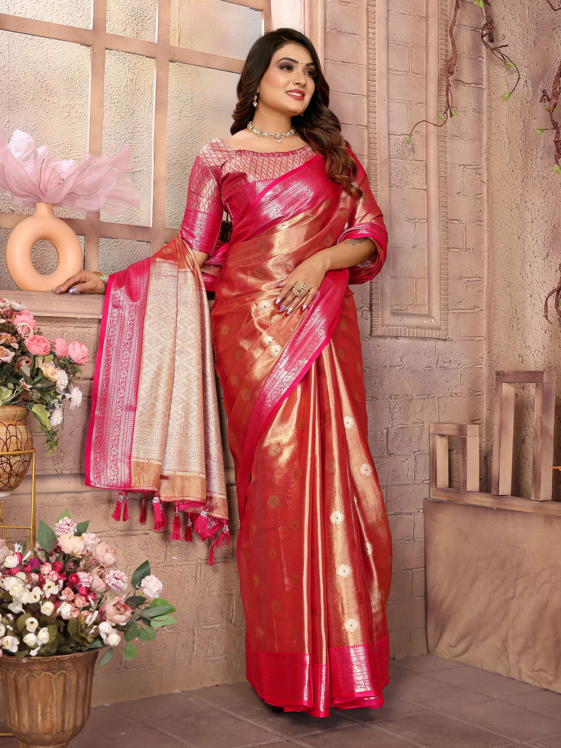 MoonPalav Rani Tissue Silk Saree With Zari Brocade And Zari Border Moonpalav