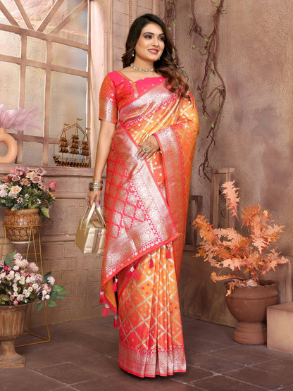 MoonPalav Vibrant Geometric Pattern Litchi Silk Saree Moonpalav