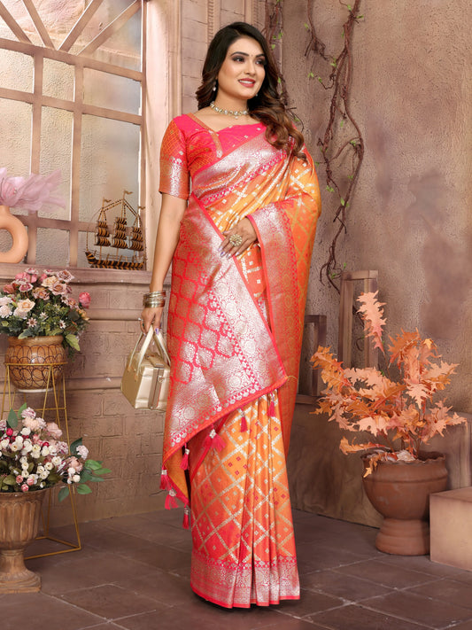 MoonPalav Vibrant Geometric Pattern Litchi Silk Saree Moonpalav