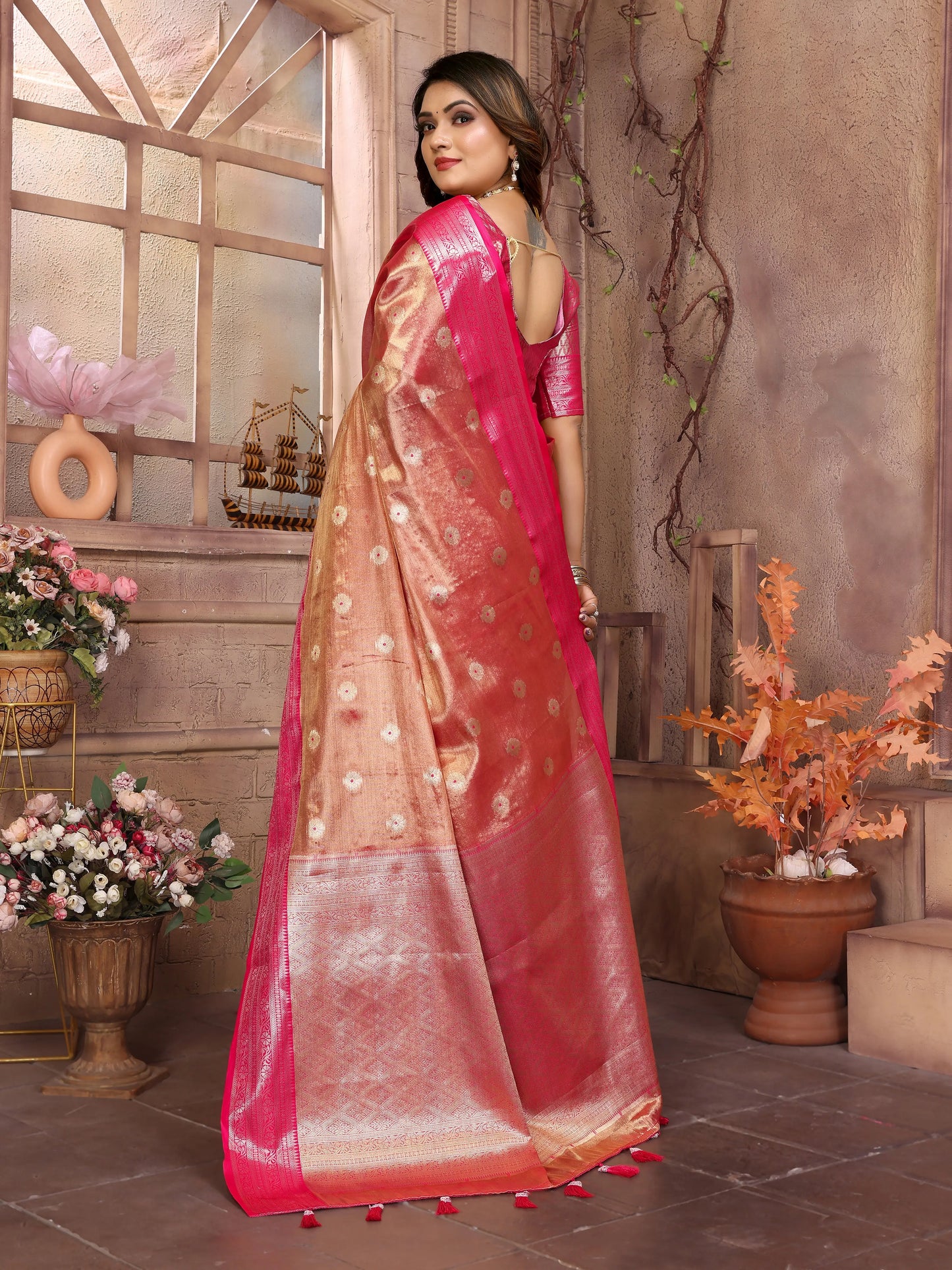 MoonPalav Rani Tissue Silk Saree With Zari Brocade And Zari Border Moonpalav