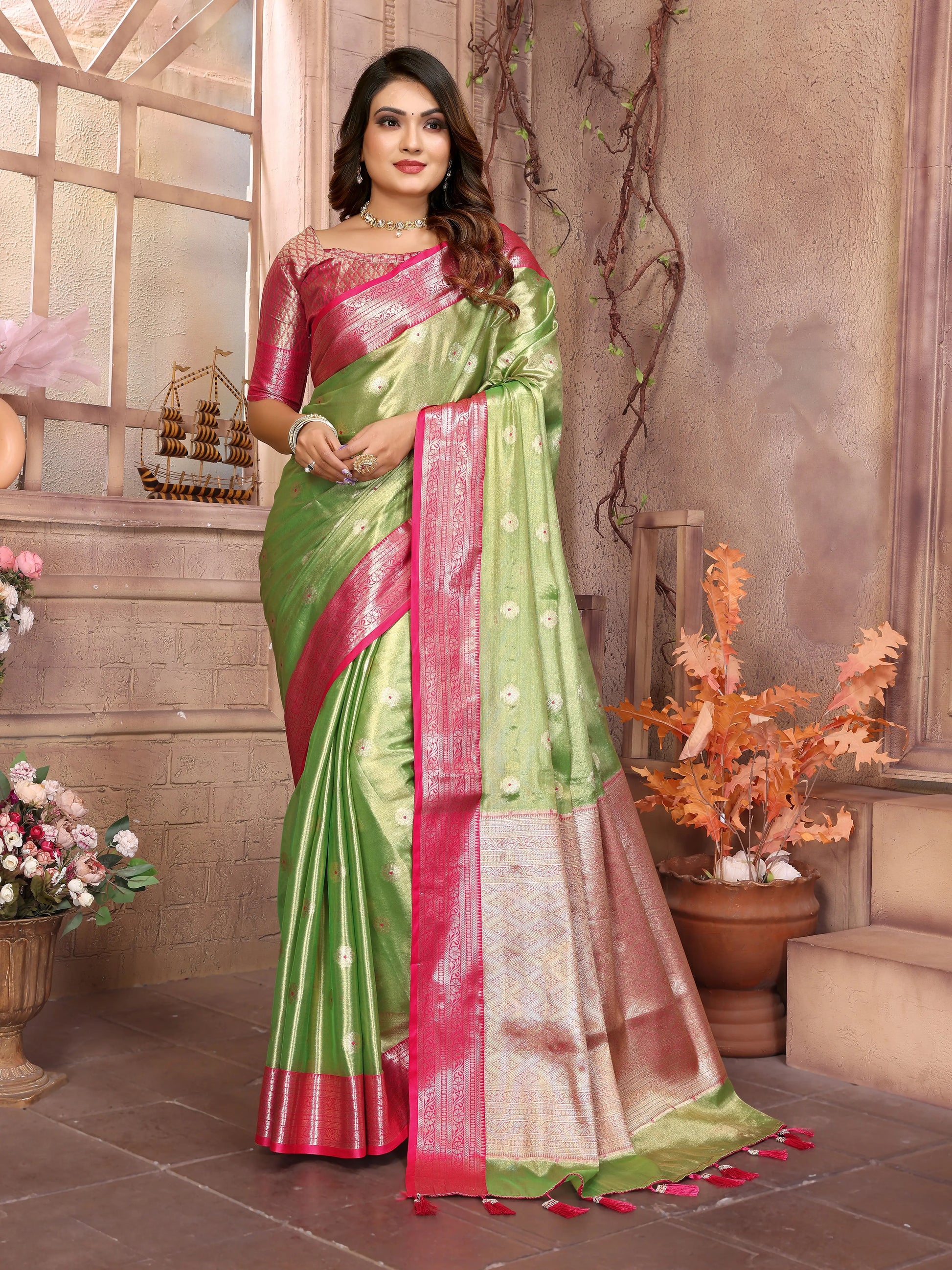 MoonPalav Royal Tissue Silk Green Color Saree Moonpalav boutique