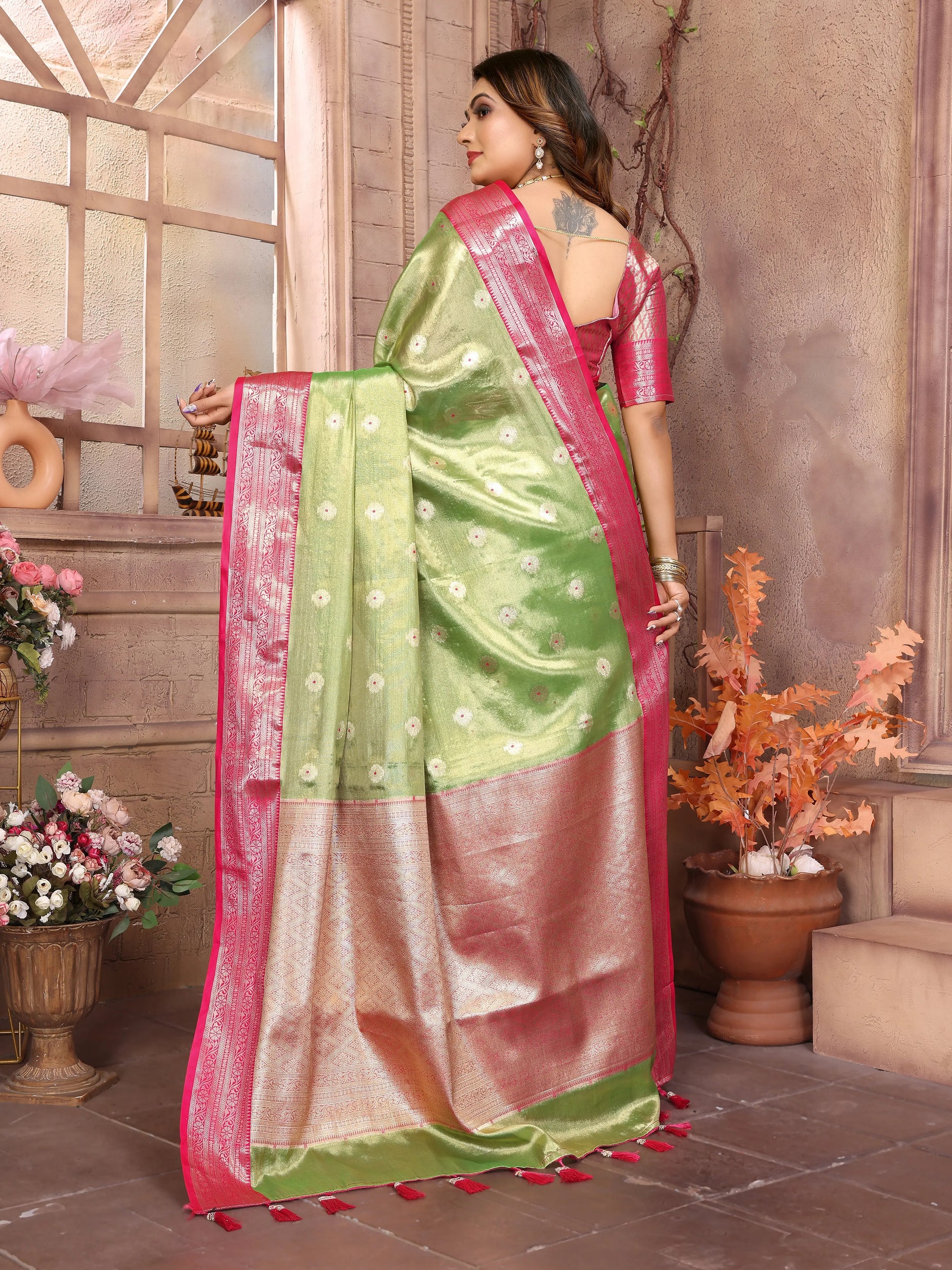 MoonPalav Royal Tissue Silk Green Color Saree Moonpalav boutique
