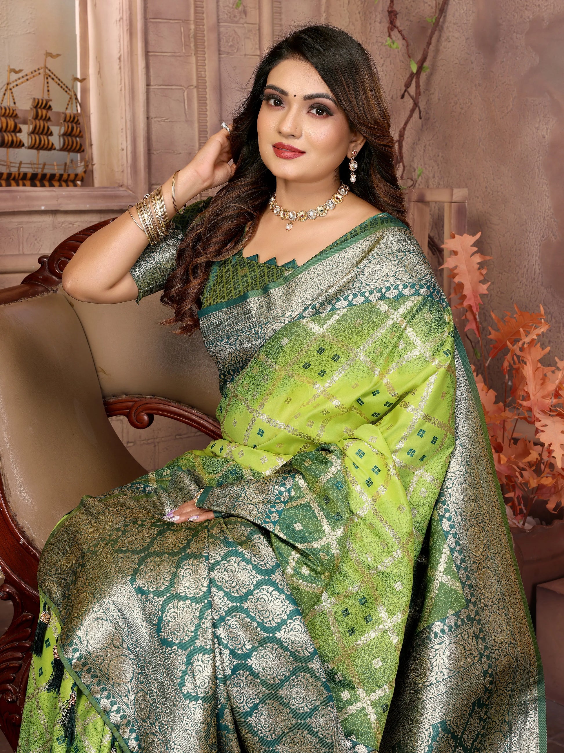 MoonPalav Pista Green Traditional Saree Moonpalav