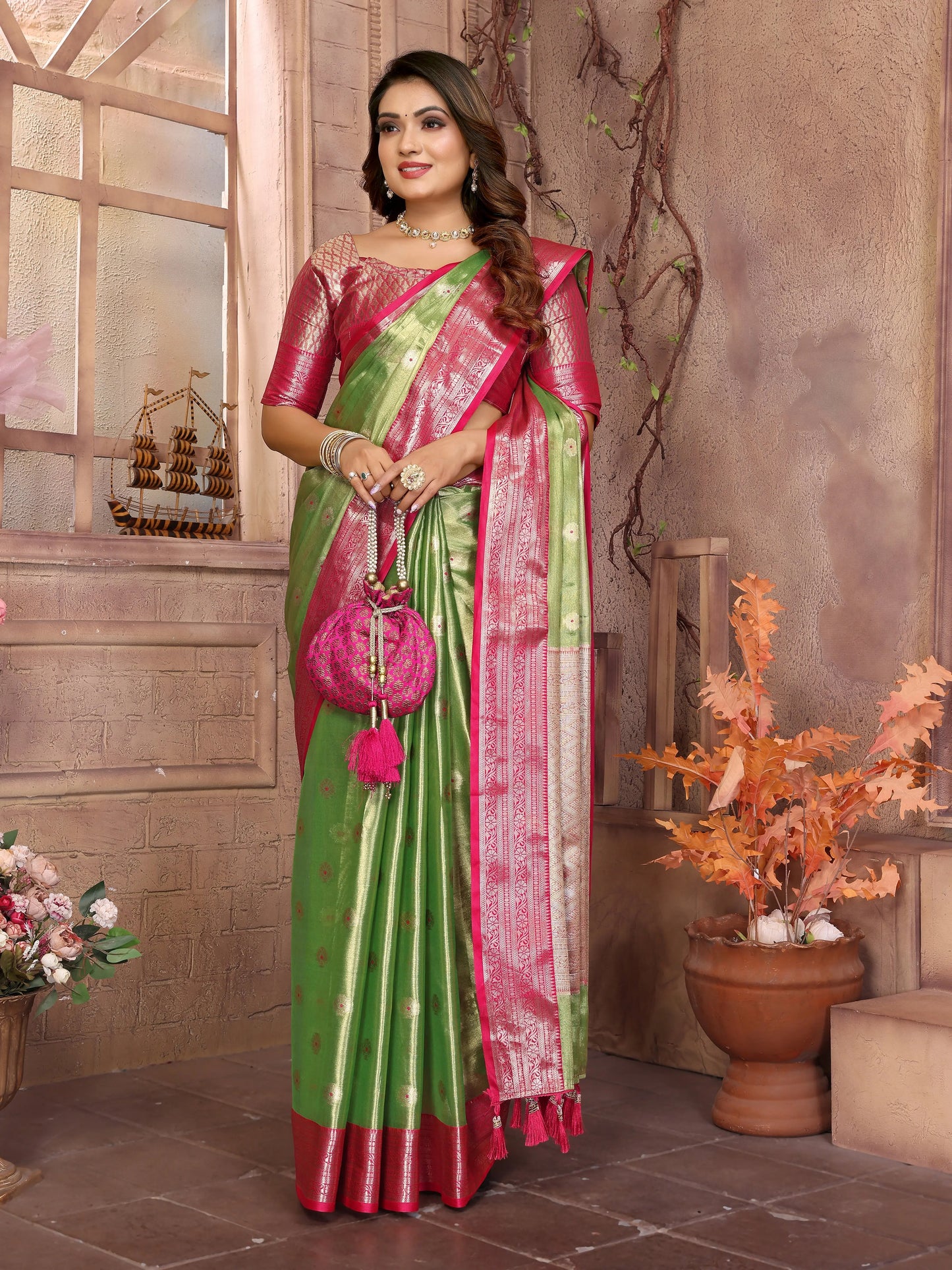 MoonPalav Royal Tissue Silk Green Color Saree Moonpalav boutique