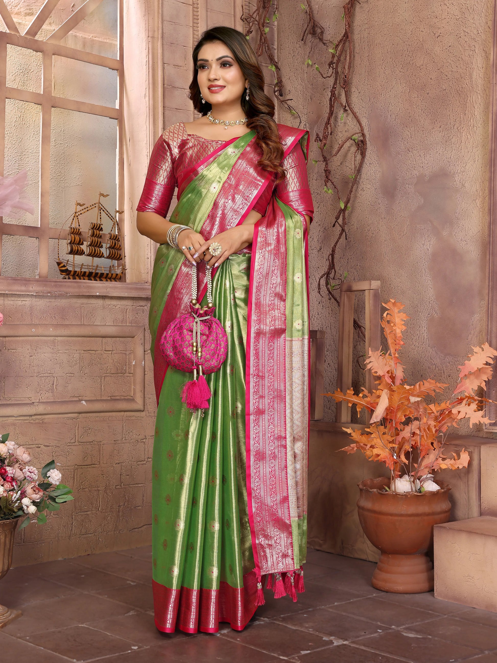 MoonPalav Royal Tissue Silk Green Color Saree Moonpalav boutique
