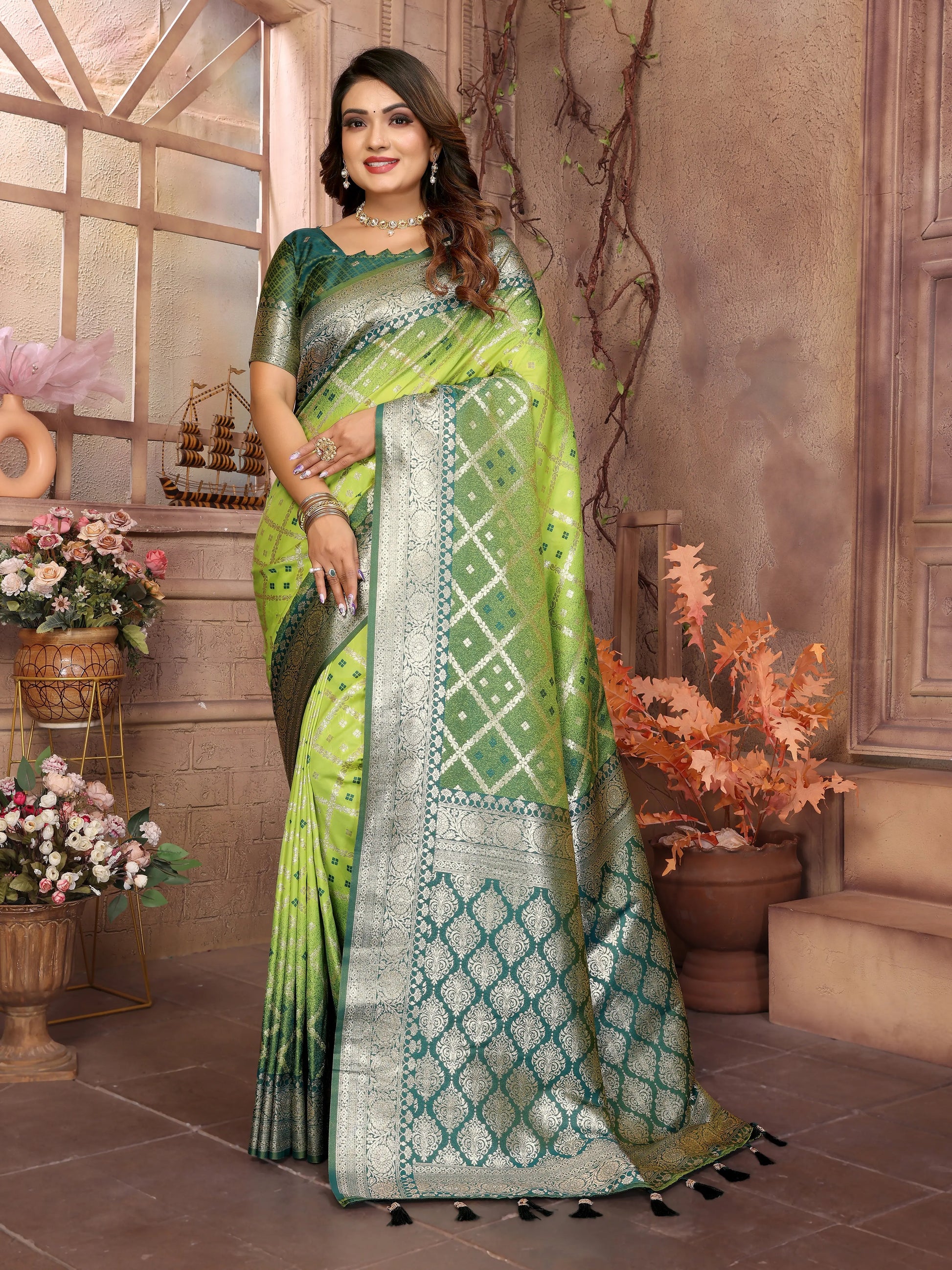 MoonPalav Pista Green Traditional Saree Moonpalav