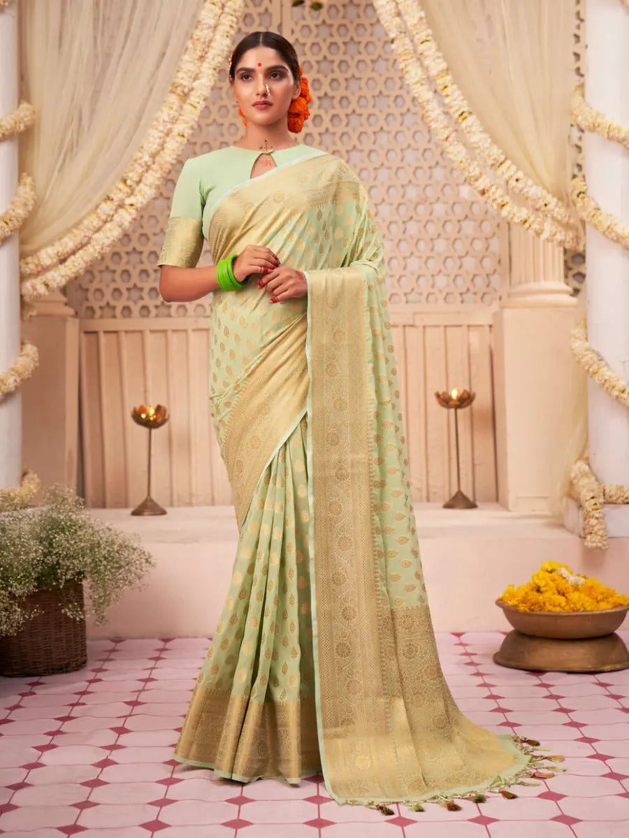 MoonPalav Elegant Mint Green Banarasi Silk Saree Moonpalav