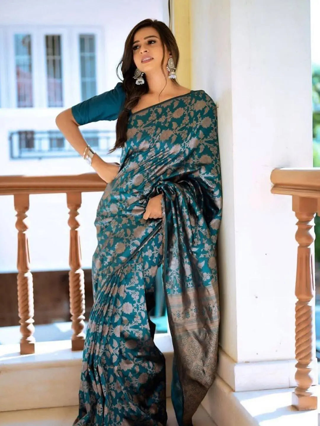 MoonPalav Elegant Teal Blue Banarasi Soft Silk Saree Moonpalav
