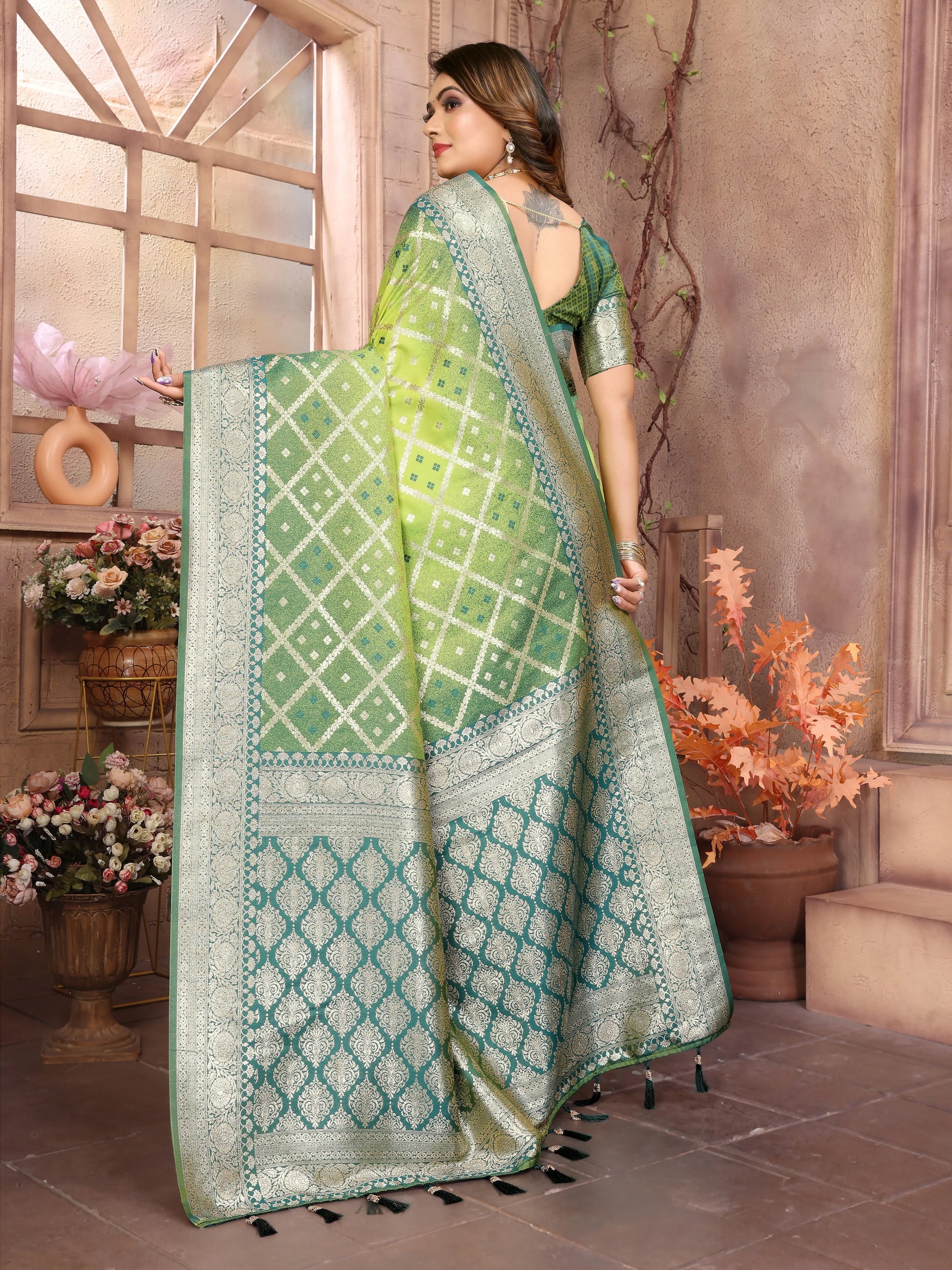 MoonPalav Pista Green Traditional Saree Moonpalav