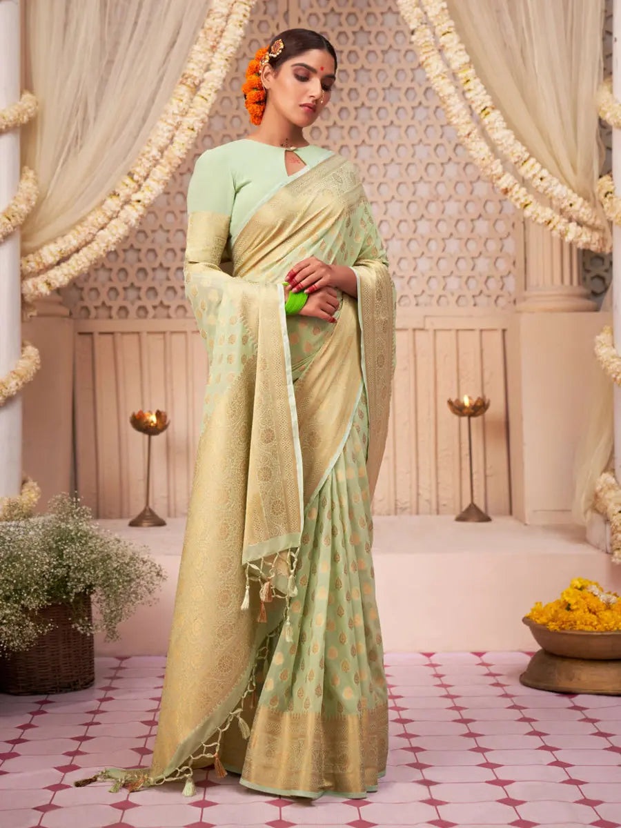 MoonPalav Elegant Mint Green Banarasi Silk Saree Moonpalav