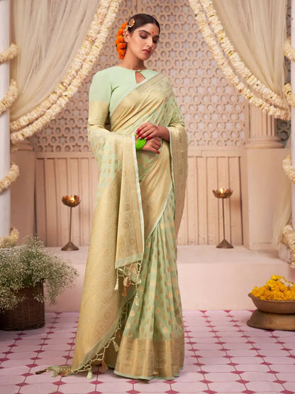 MoonPalav Elegant Mint Green Banarasi Silk Saree Moonpalav