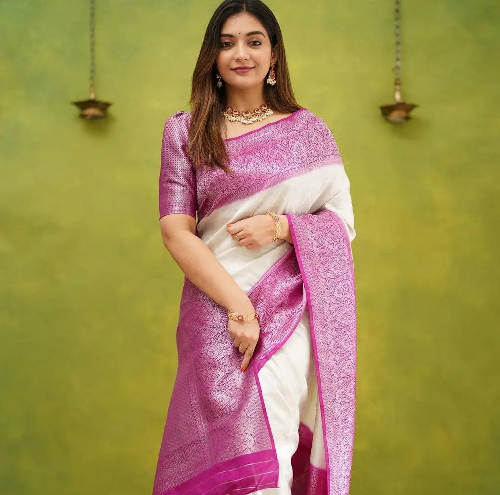 MoonPalav White and Pink Banarasi Silk Saree Moonpalav