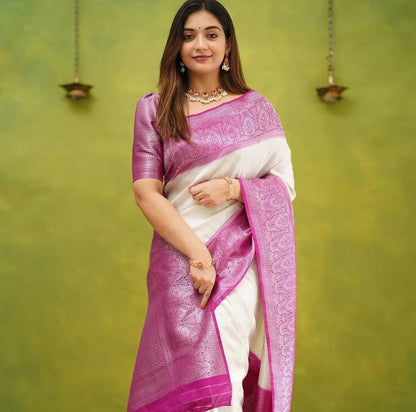 MoonPalav White and Pink Banarasi Silk Saree Moonpalav