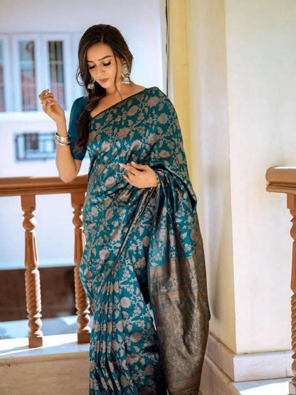MoonPalav Elegant Teal Blue Banarasi Soft Silk Saree Moonpalav