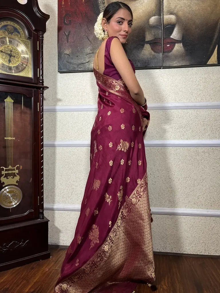 MoonPalav Rich Wine Banarasi Timeless Classic Silk Saree Moonpalav