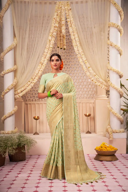 MoonPalav Elegant Mint Green Banarasi Silk Saree Moonpalav