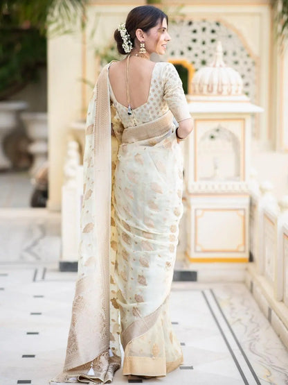 MoonPalav Elegant Ivory Banarasi White Georgette Saree Moonpalav
