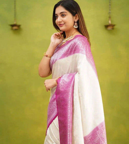 MoonPalav White and Pink Banarasi Silk Saree Moonpalav