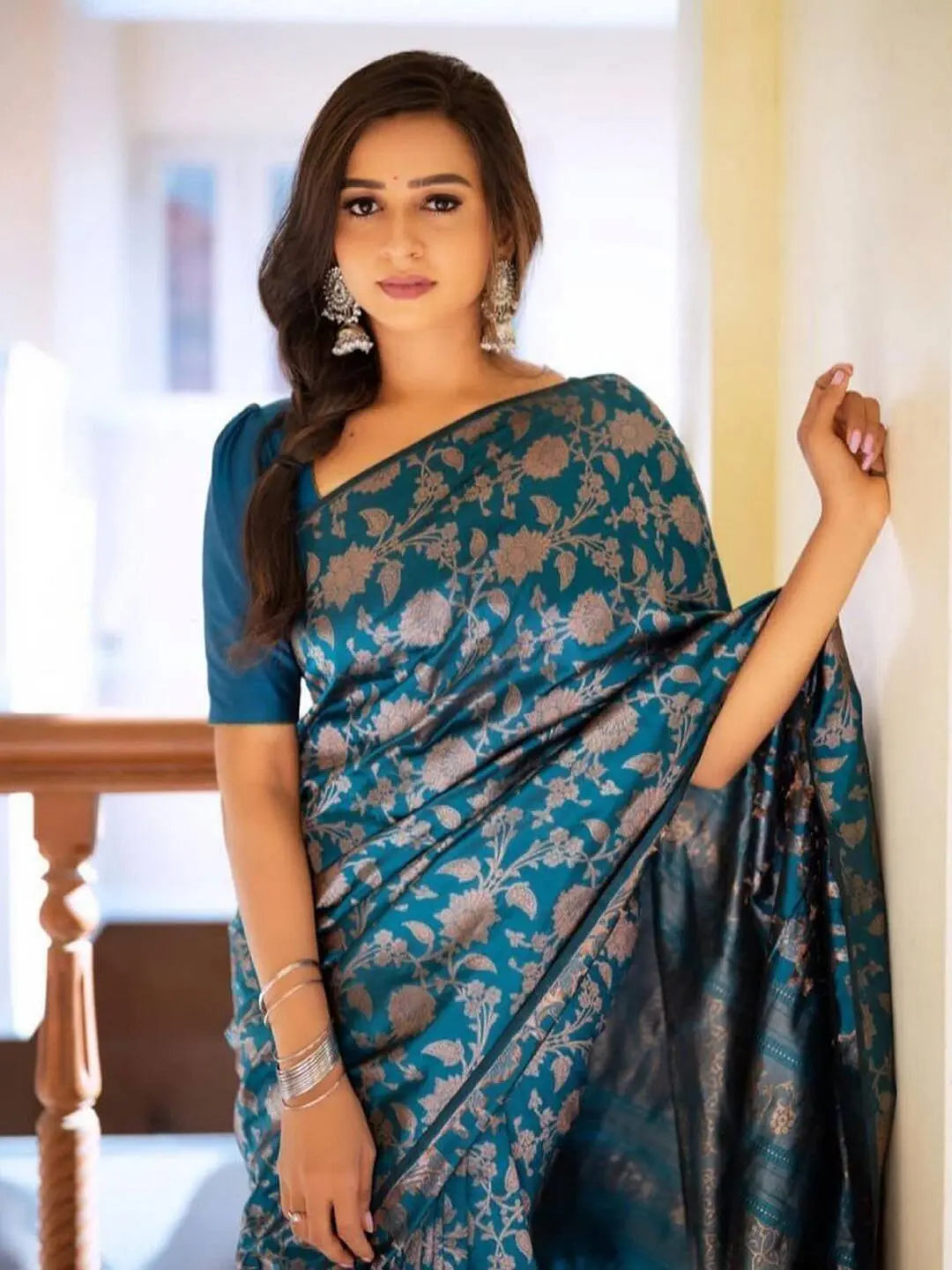 MoonPalav Elegant Teal Blue Banarasi Soft Silk Saree Moonpalav