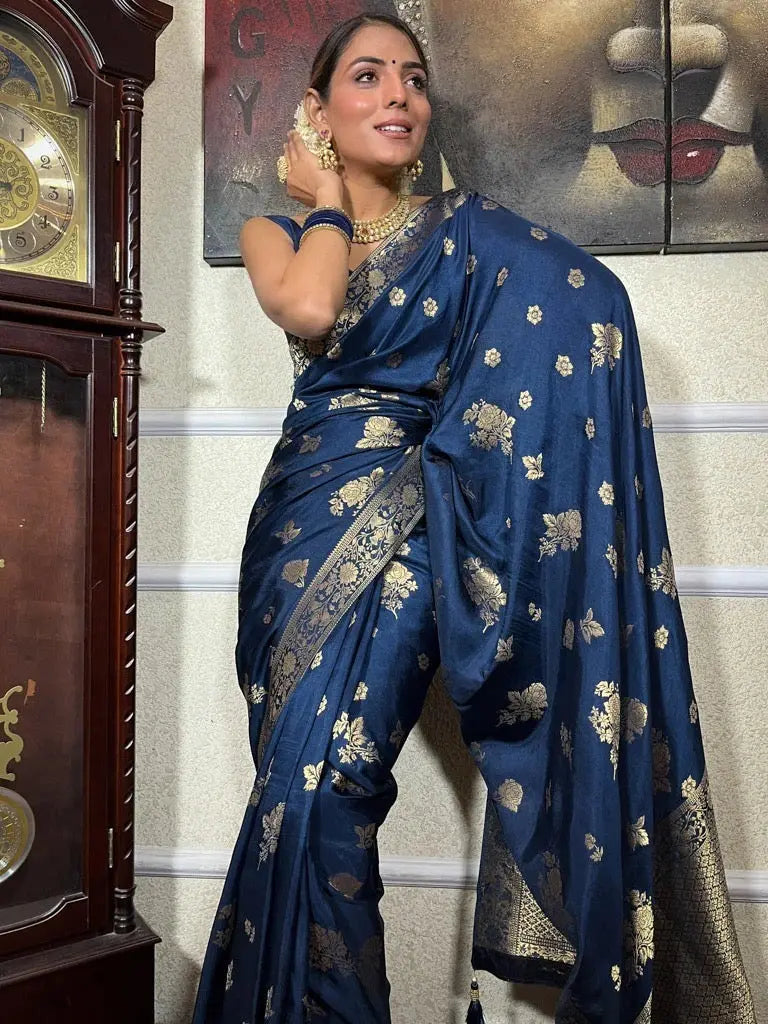 MoonPalav Midnight Blue Banarasi Saree with Gold Zari Moonpalav