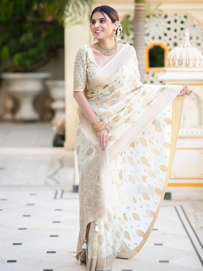 MoonPalav Elegant Ivory Banarasi White Georgette Saree Moonpalav