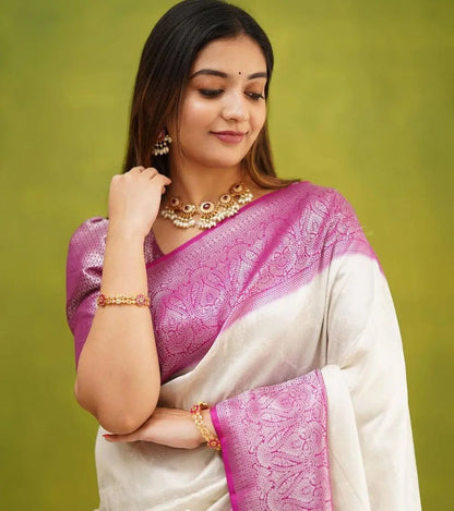 MoonPalav White and Pink Banarasi Silk Saree Moonpalav