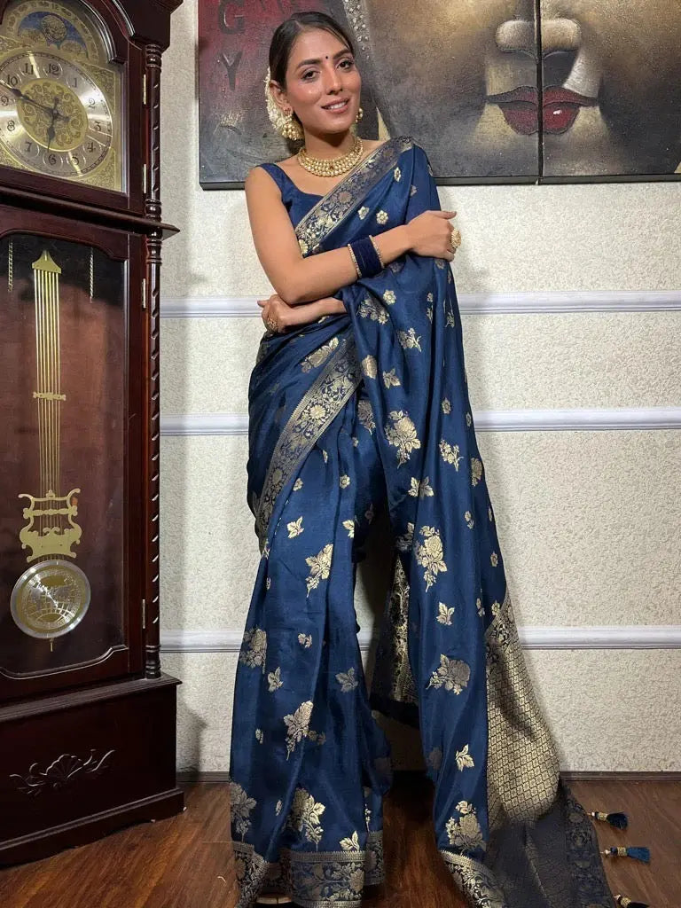 MoonPalav Midnight Blue Banarasi Saree with Gold Zari Moonpalav