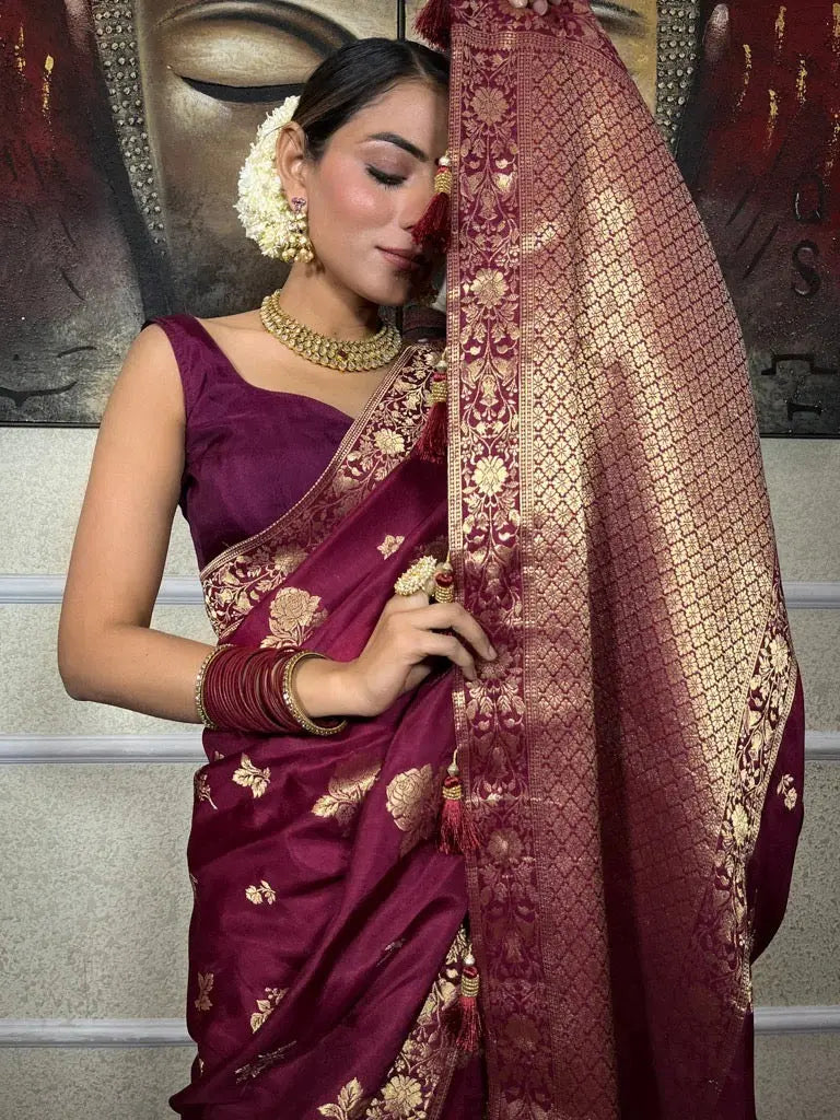 MoonPalav Rich Wine Banarasi Timeless Classic Silk Saree Moonpalav