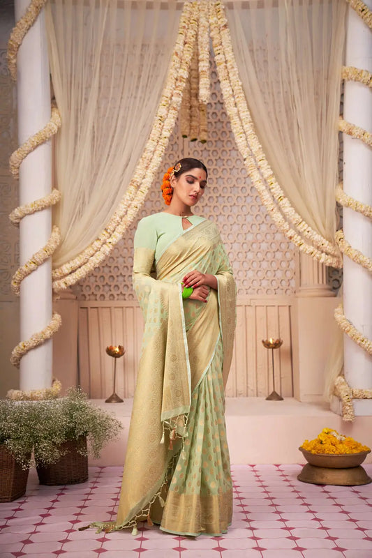 MoonPalav Elegant Mint Green Banarasi Silk Saree Moonpalav