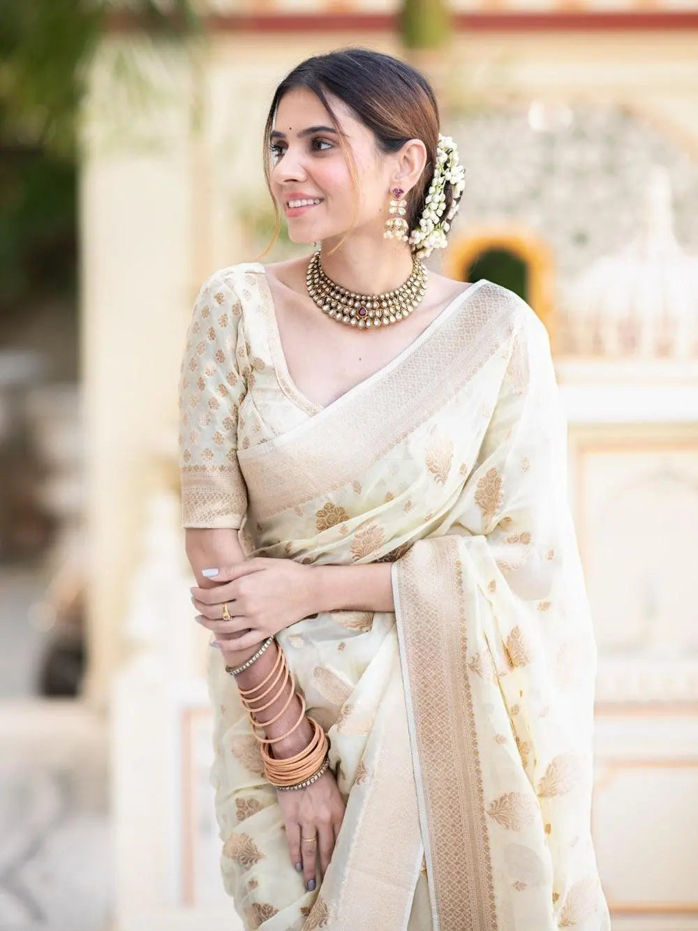 MoonPalav Elegant Ivory Banarasi White Georgette Saree Moonpalav