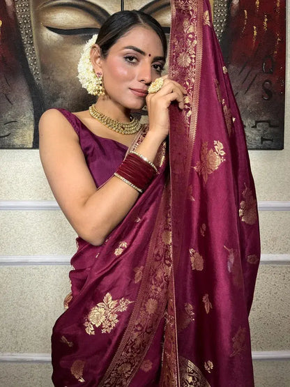 MoonPalav Rich Wine Banarasi Timeless Classic Silk Saree Moonpalav