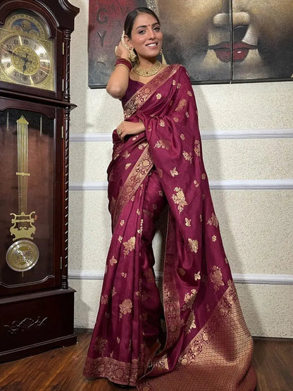 MoonPalav Rich Wine Banarasi Timeless Classic Silk Saree Moonpalav