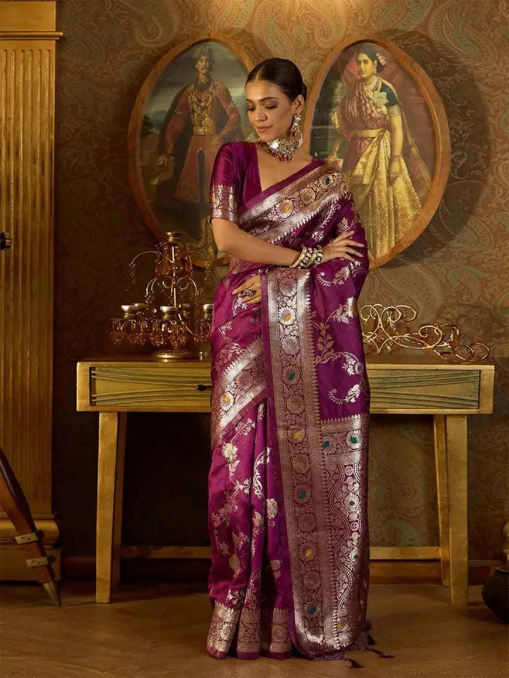 MoonPalav Regal Purple Banarasi Silk Saree with Intricate Zari Work Moonpalav