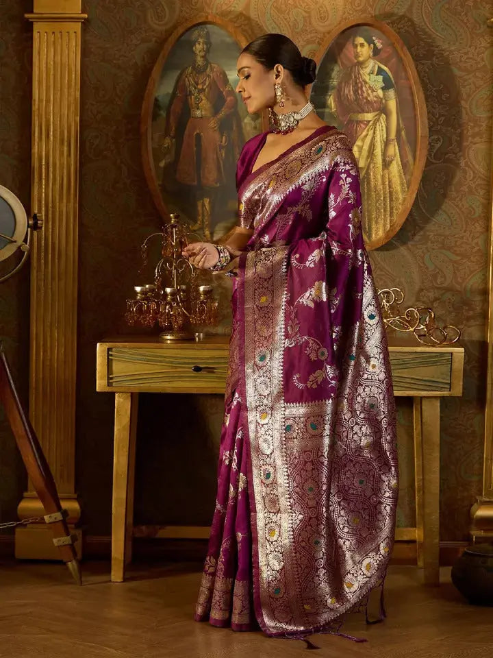 MoonPalav Regal Purple Banarasi Silk Saree with Intricate Zari Work Moonpalav