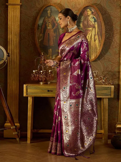 MoonPalav Regal Purple Banarasi Silk Saree with Intricate Zari Work Moonpalav