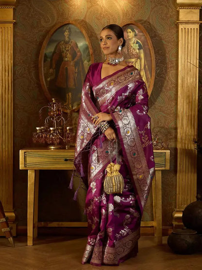 MoonPalav Regal Purple Banarasi Silk Saree with Intricate Zari Work Moonpalav