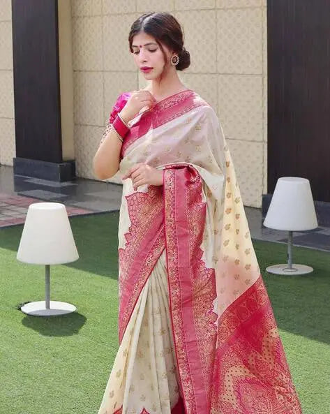 MoonPalav Elegant Cream Banarasi Silk Saree with Pink Brocade Moonpalav boutique