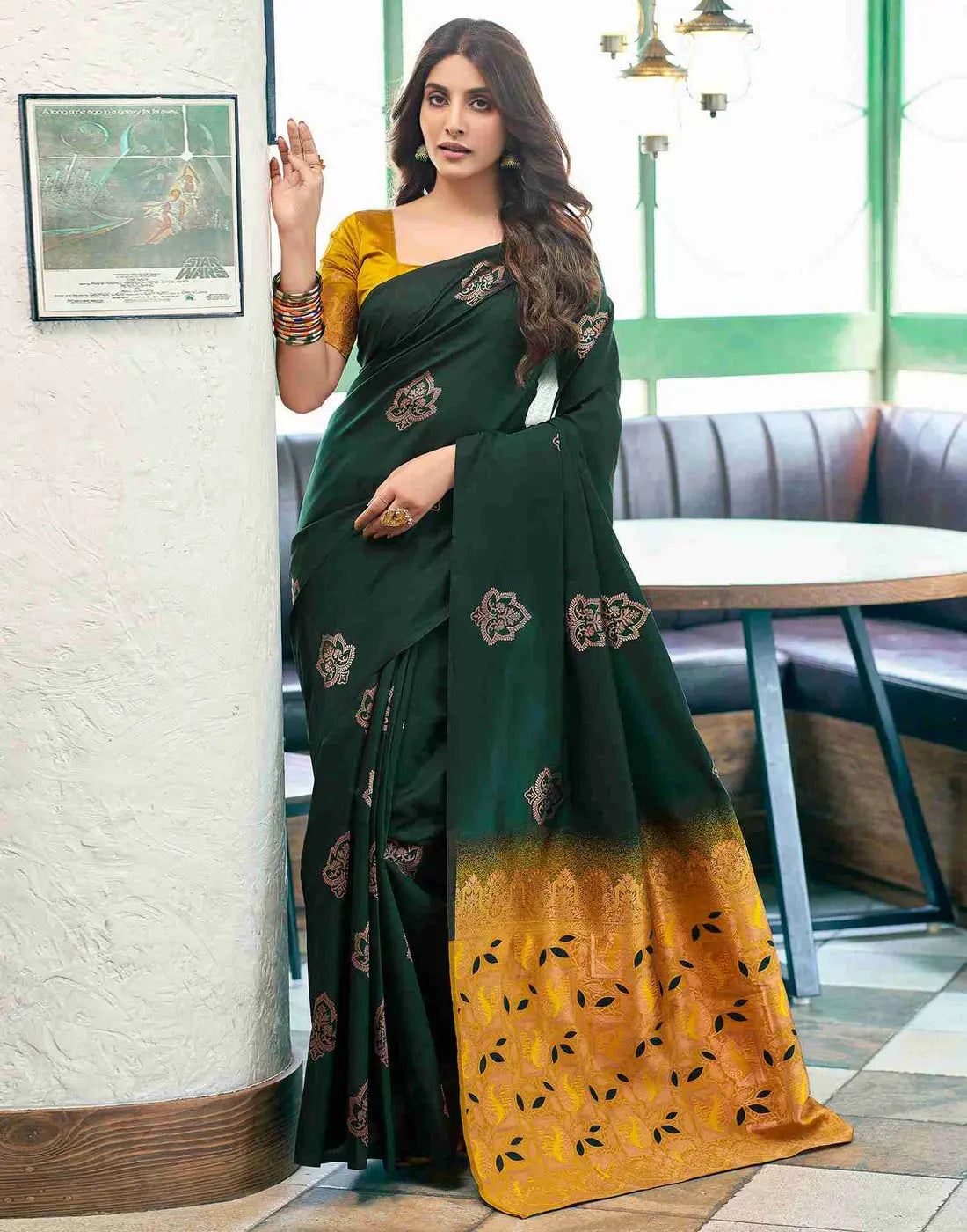 MoonPalav Green and Gold Woven Wonder Silk Saree Moonpalav