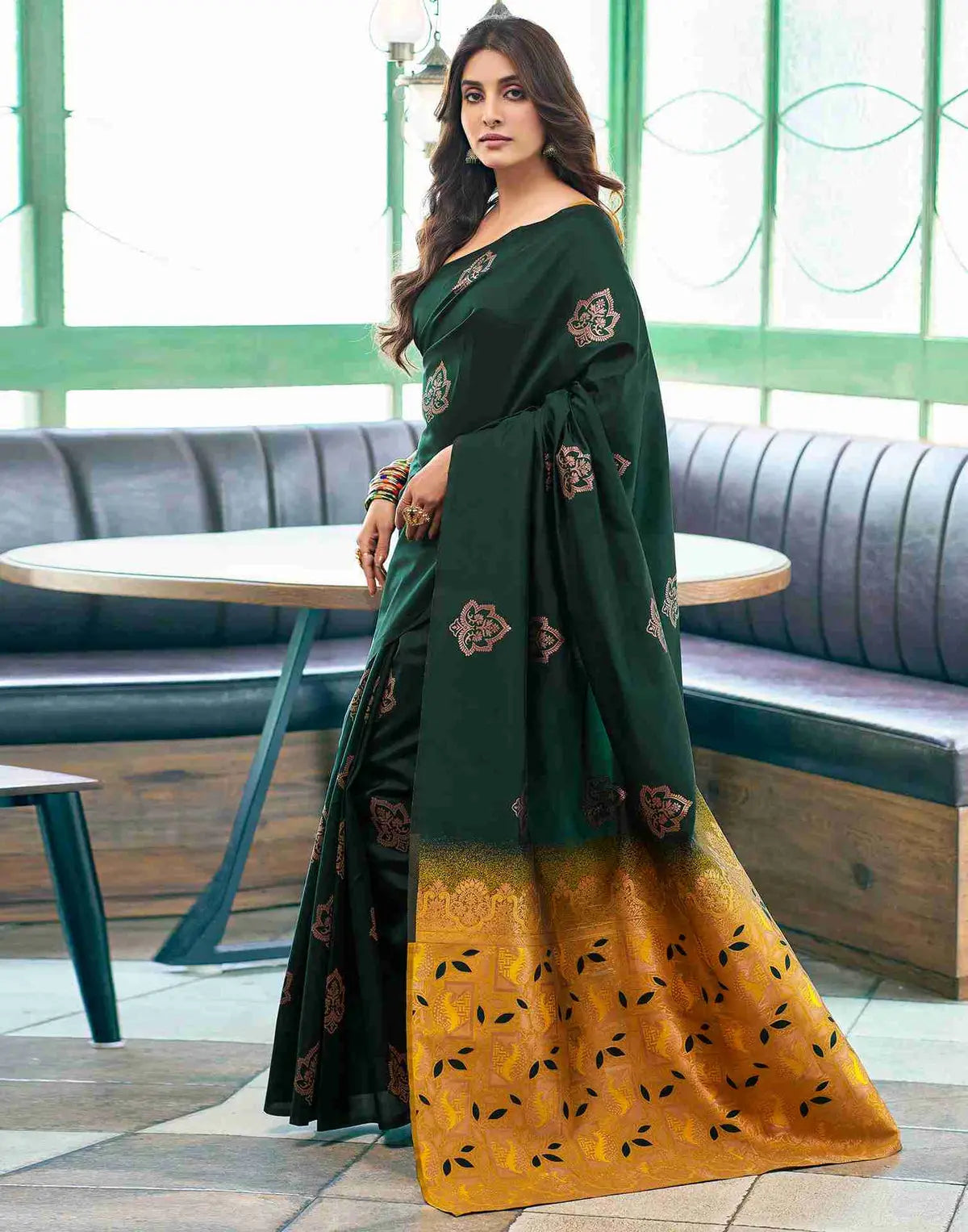 MoonPalav Green and Gold Woven Wonder Silk Saree Moonpalav