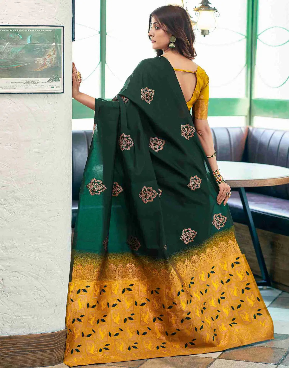 MoonPalav Green and Gold Woven Wonder Silk Saree Moonpalav