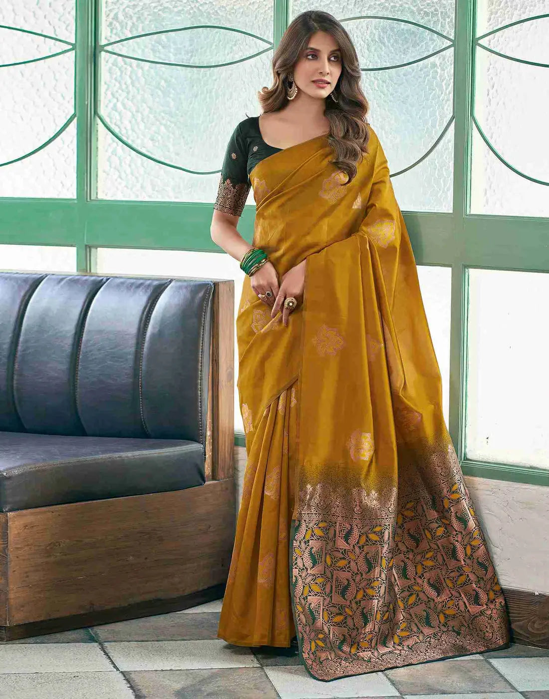 MoonPalav Vibrant Yellow Banarasi Saree Moonpalav