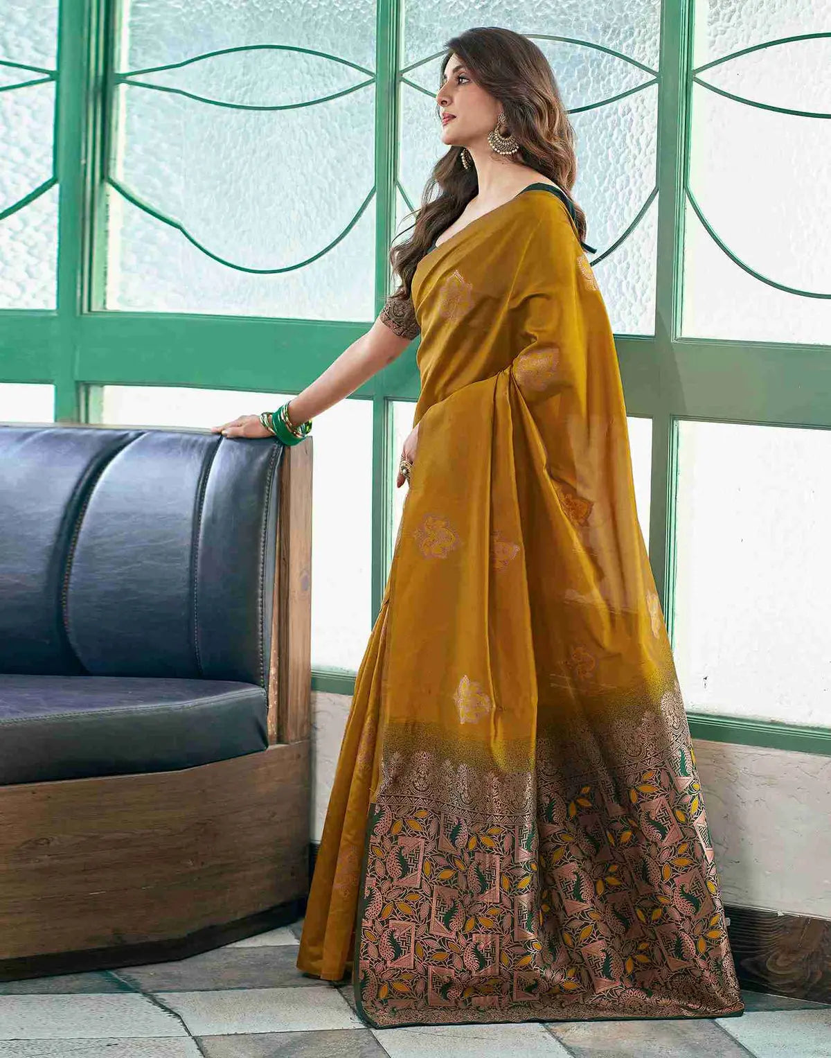 MoonPalav Vibrant Yellow Banarasi Saree Moonpalav