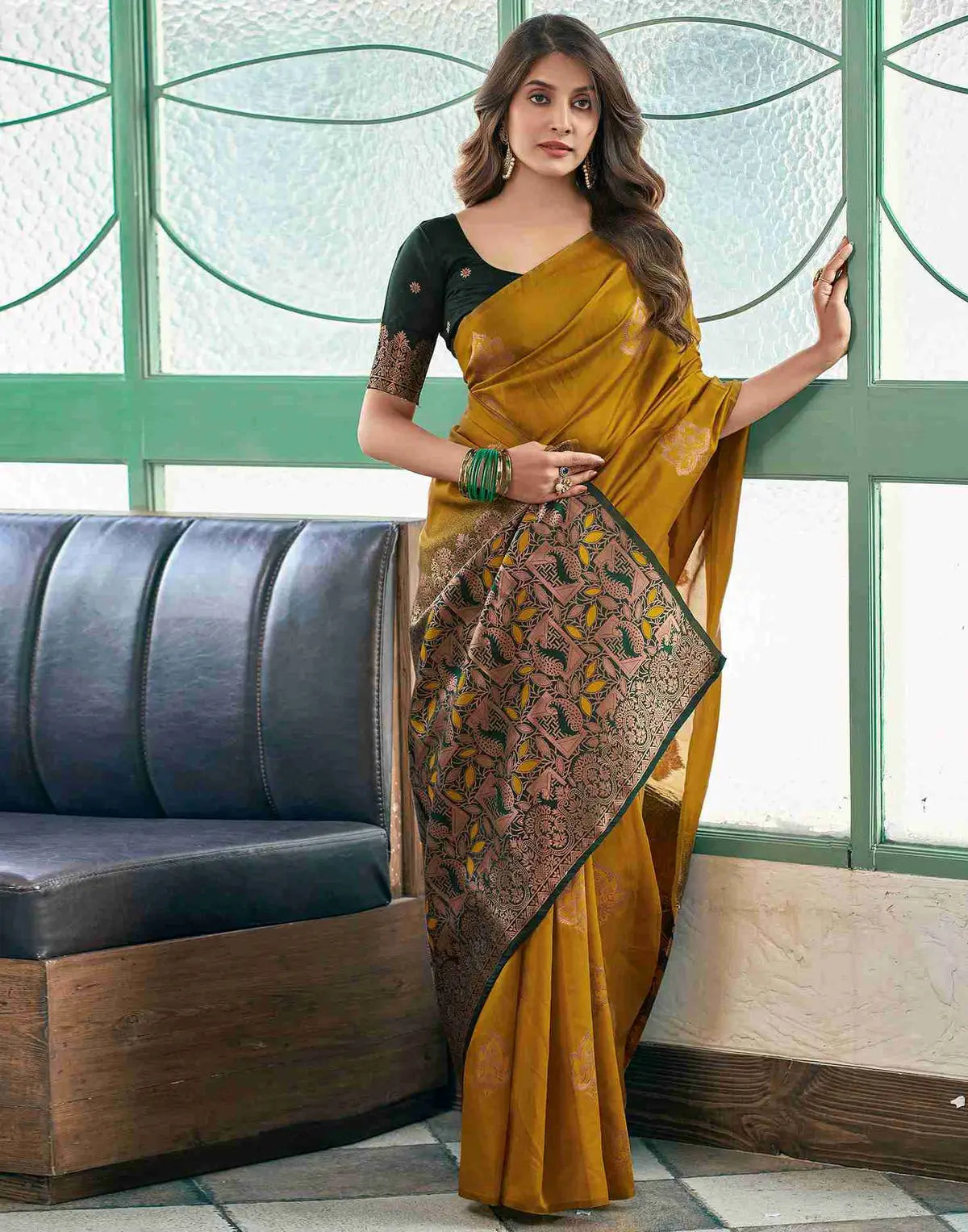 MoonPalav Vibrant Yellow Banarasi Saree Moonpalav