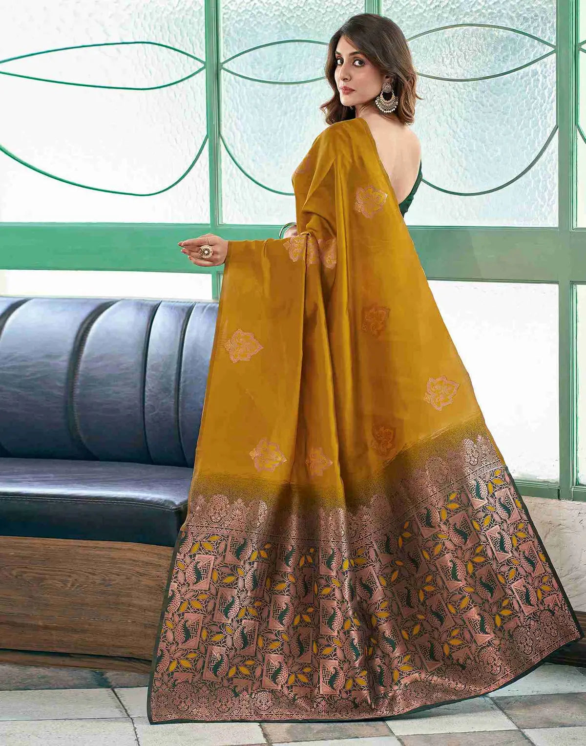 MoonPalav Vibrant Yellow Banarasi Saree Moonpalav